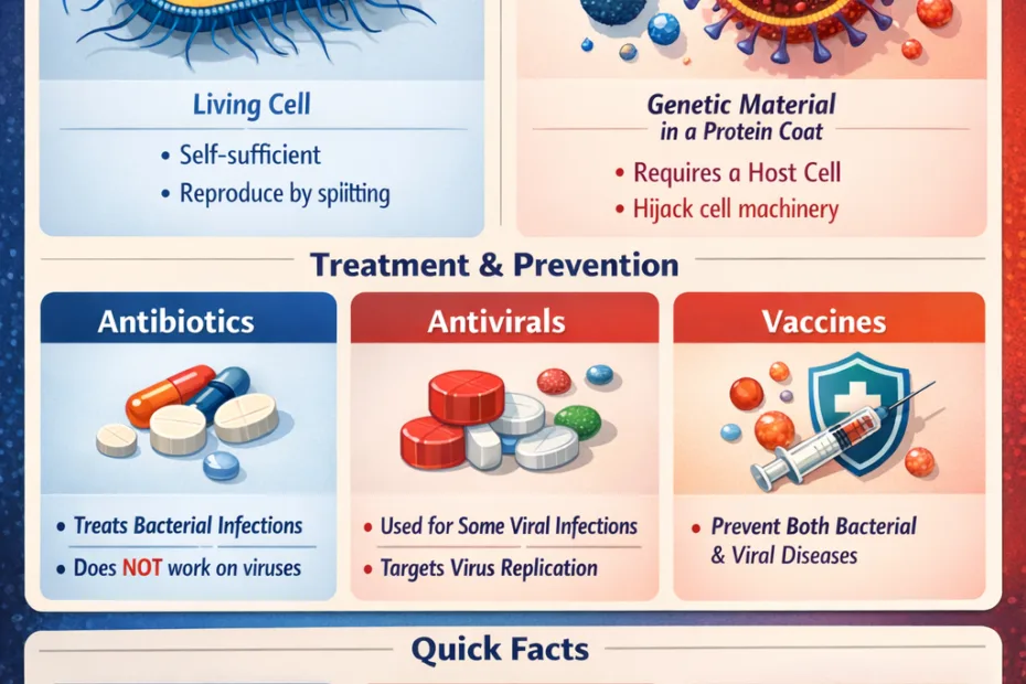 Bacteria and viruses are shown with labeled illustrations, highlighting their difference in structure.