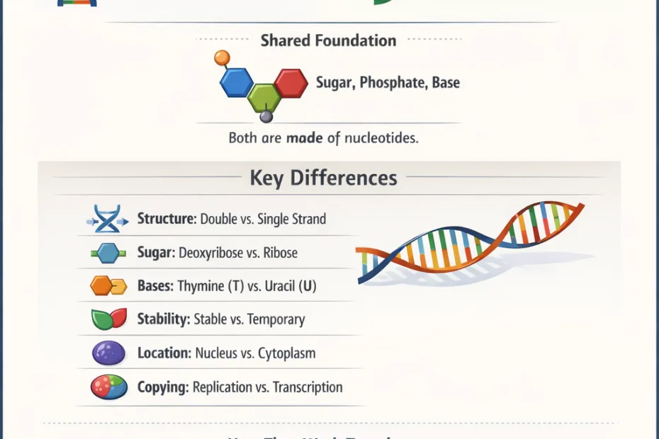 DNA and RNA comparison chart shows colored structures with key differences highlighted in text.