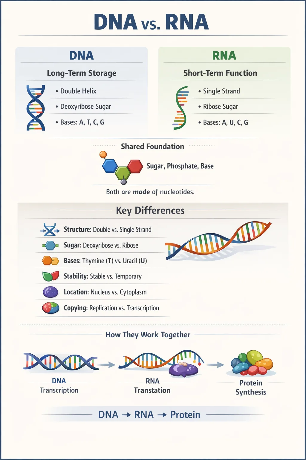 DNA and RNA comparison chart shows colored structures with key differences highlighted in text.