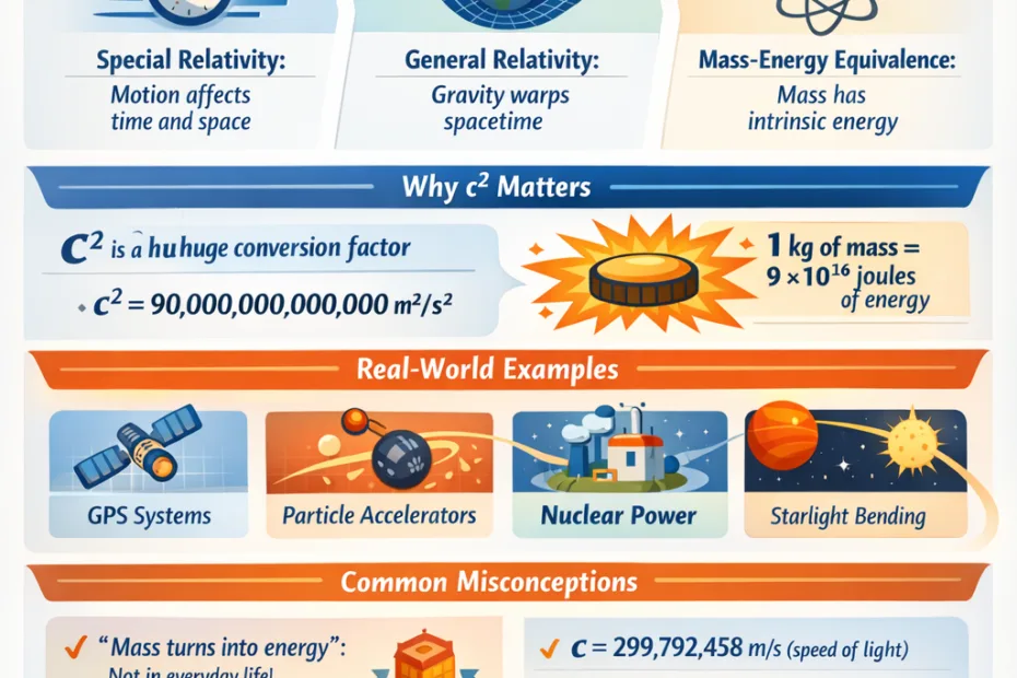 Einstein's theory of relativity simplified with a colorful illustration of a spaceship and energy symbols.