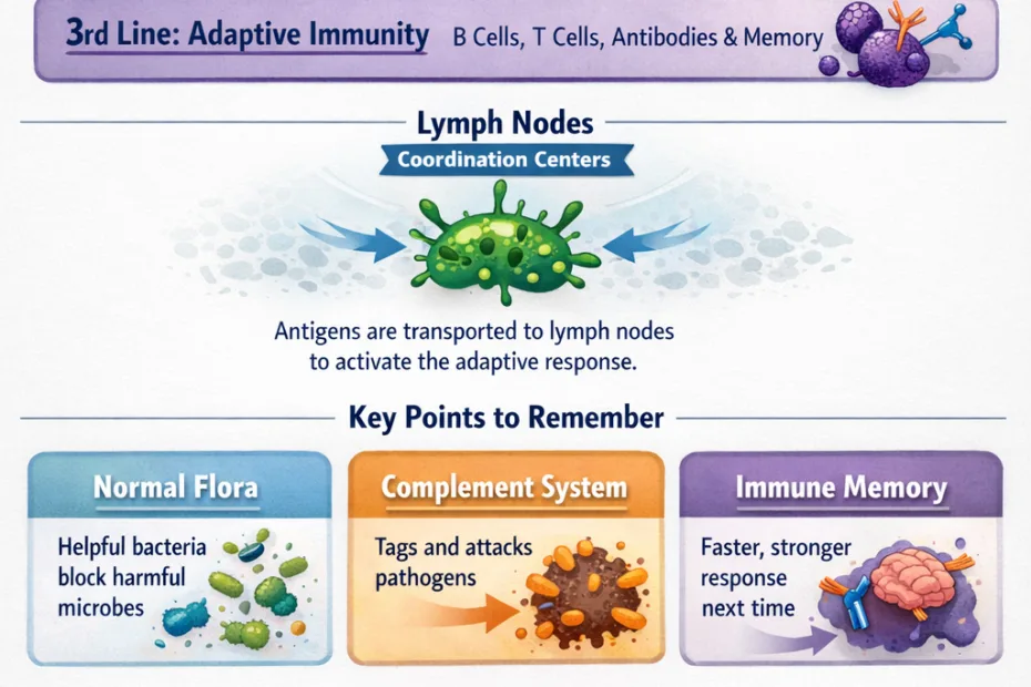 A diagram showing the human immune system's defense lines, with white blood cells attacking pathogens.