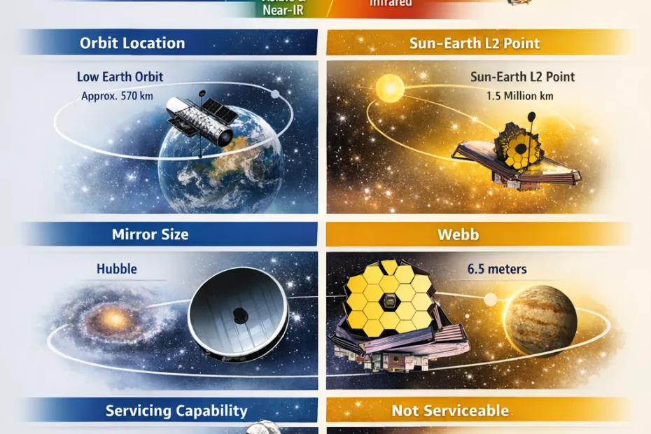 James Webb Space Telescope and Hubble images of distant planets and galaxies with comparison icons.