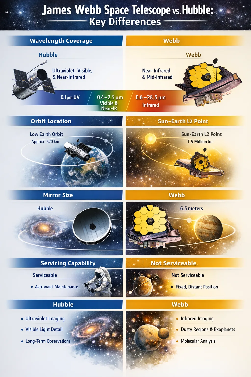 James Webb Space Telescope and Hubble images of distant planets and galaxies with comparison icons.
