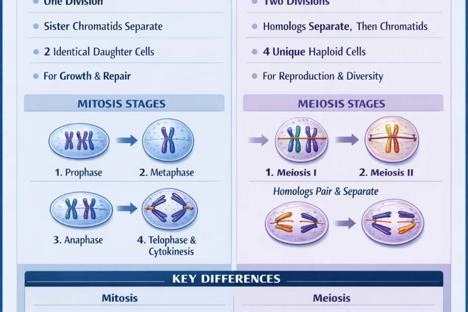 Cells divide through mitosis or meiosis, illustrated with diagrams of cell stages and chromosome structures.