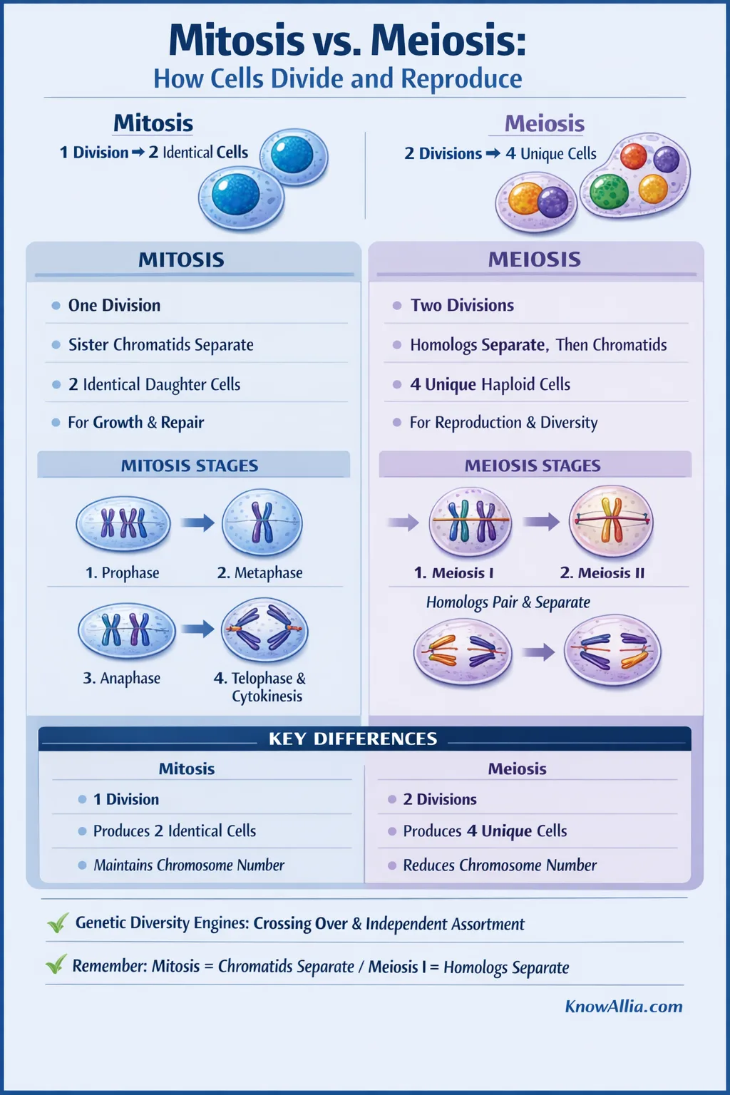 Cells divide through mitosis or meiosis, illustrated with diagrams of cell stages and chromosome structures.