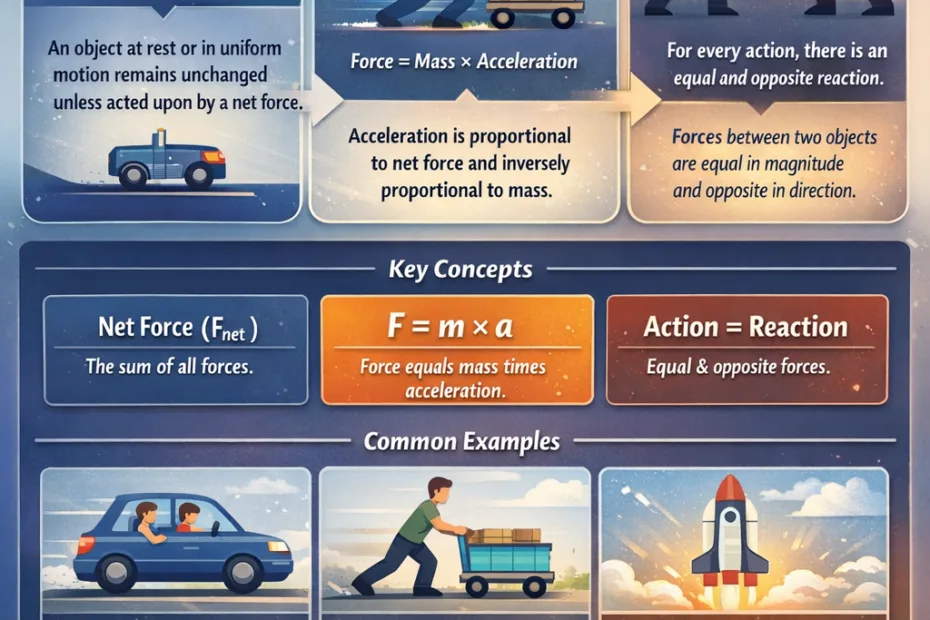 Newton's three laws of motion explained with examples, including a person pushing a cart and a car in motion.