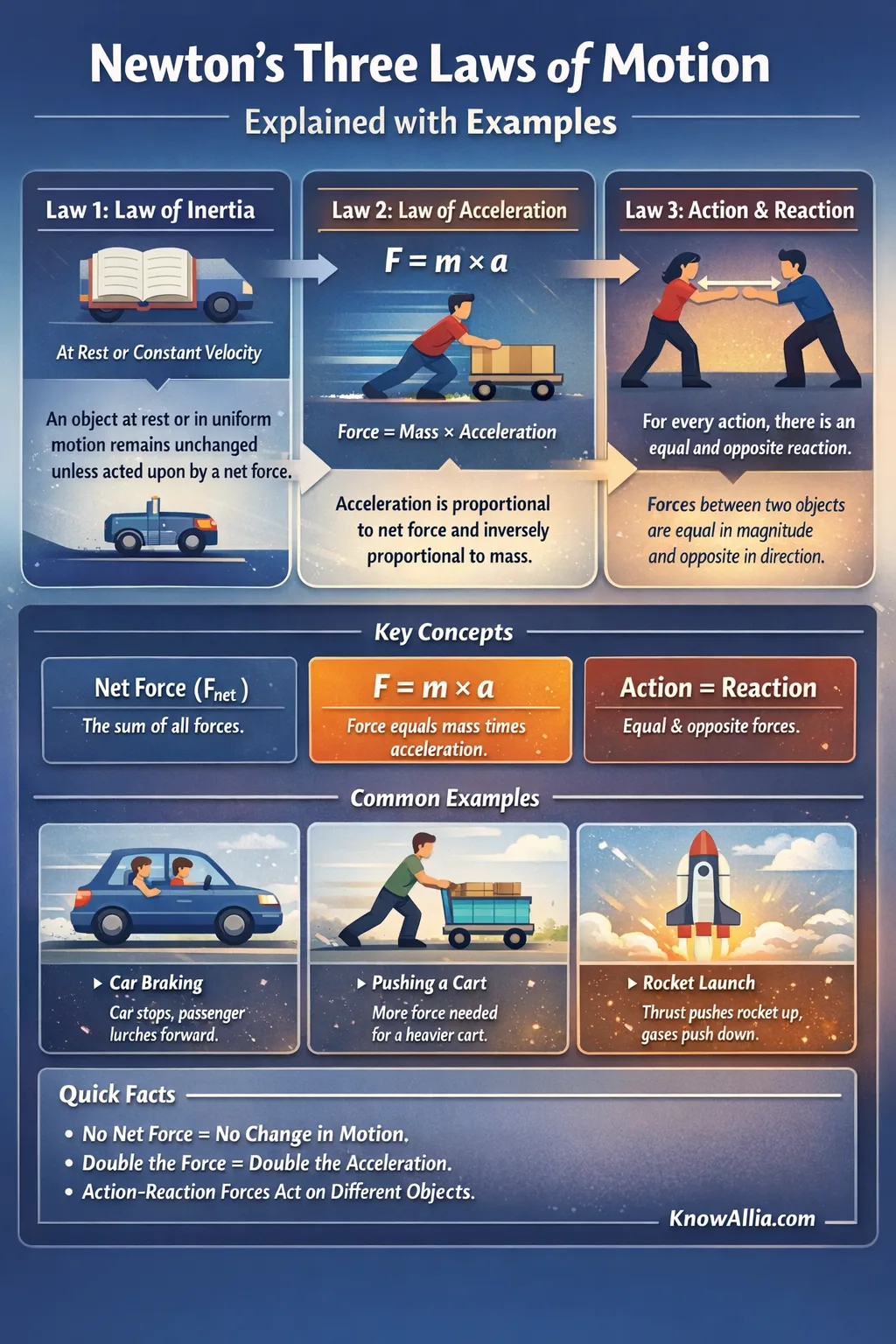 Newton's three laws of motion explained with examples, including a person pushing a cart and a car in motion.