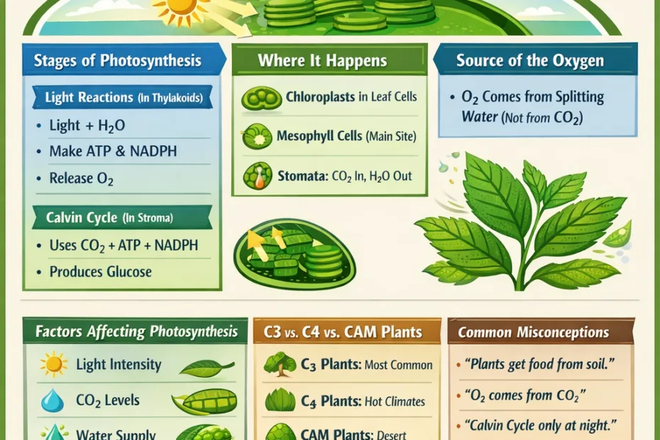 A plant leaf showing the photosynthesis equation process with sunlight, water, and CO2 entering.