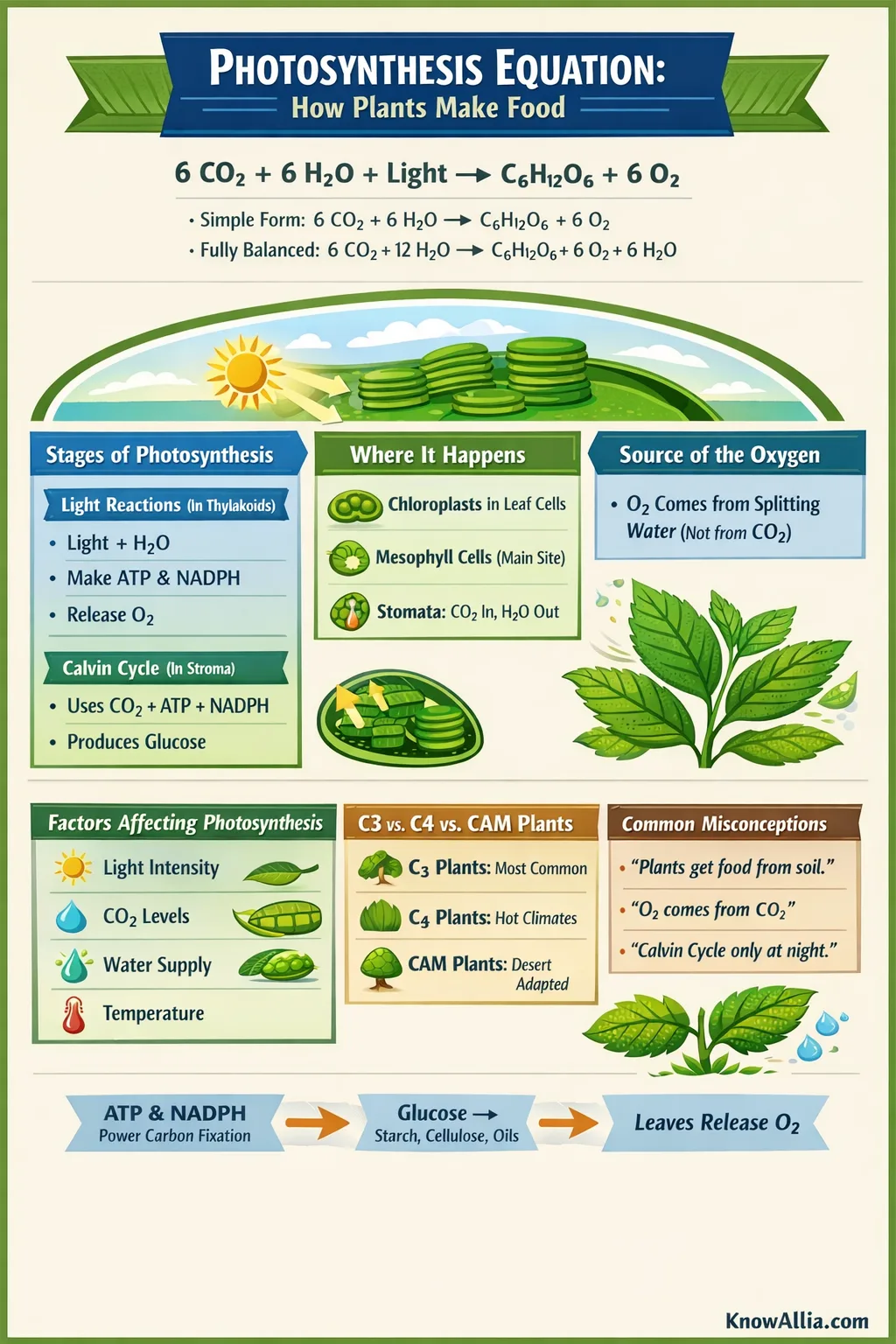 A plant leaf showing the photosynthesis equation process with sunlight, water, and CO2 entering.