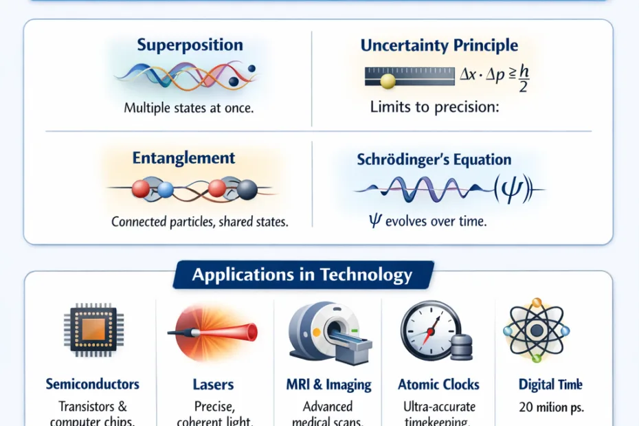 A colorful infographic illustrating quantum physics basics with atoms and wave patterns, linked to a beginners…