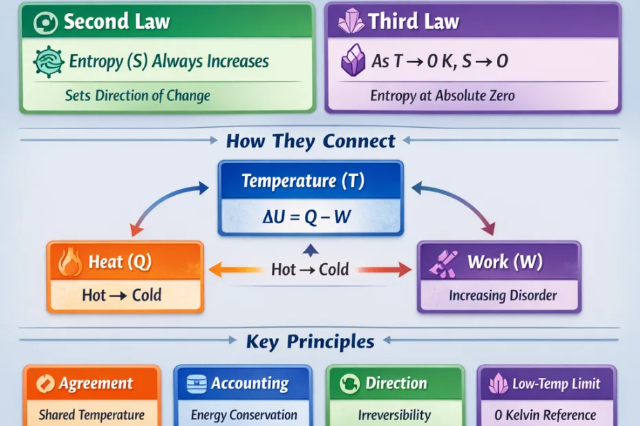 A colorful infographic illustrating the four laws of thermodynamics, featuring a temperature gauge.