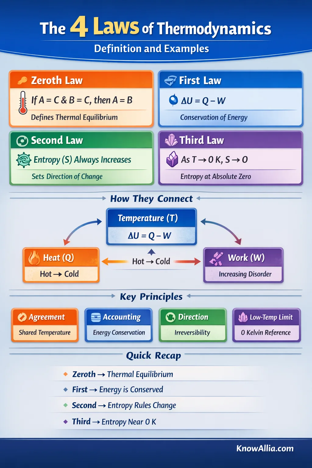 A colorful infographic illustrating the four laws of thermodynamics, featuring a temperature gauge.