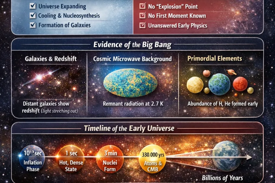 A timeline graphic with an explosion illustration illustrating the universe's origin from the Big Bang.