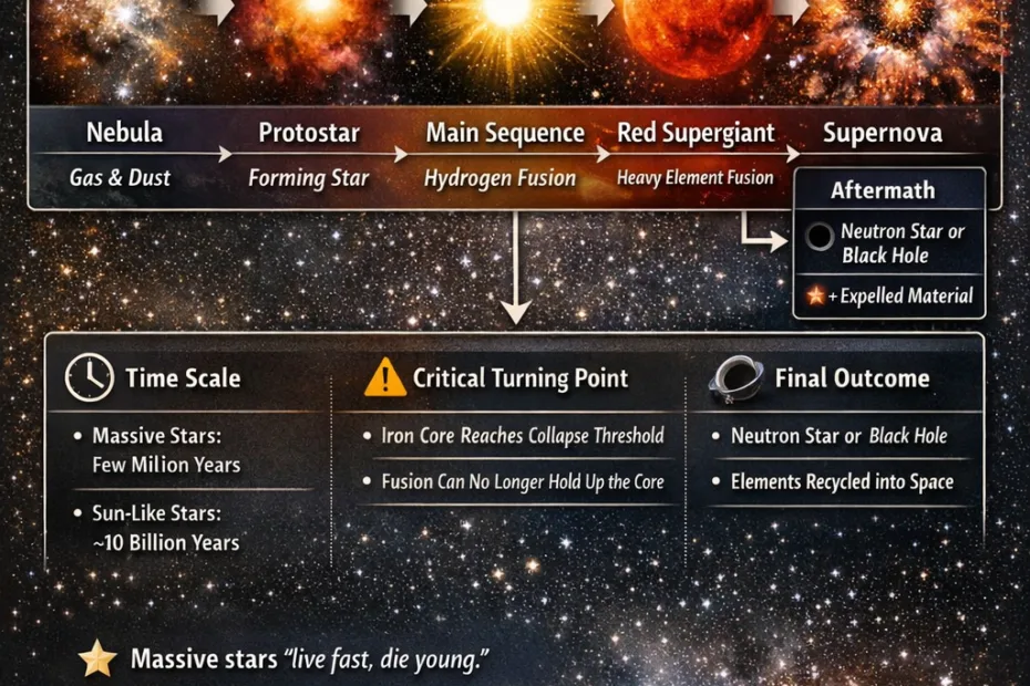 A star's life cycle begins with a glowing nebula and ends with a supernova explosion.