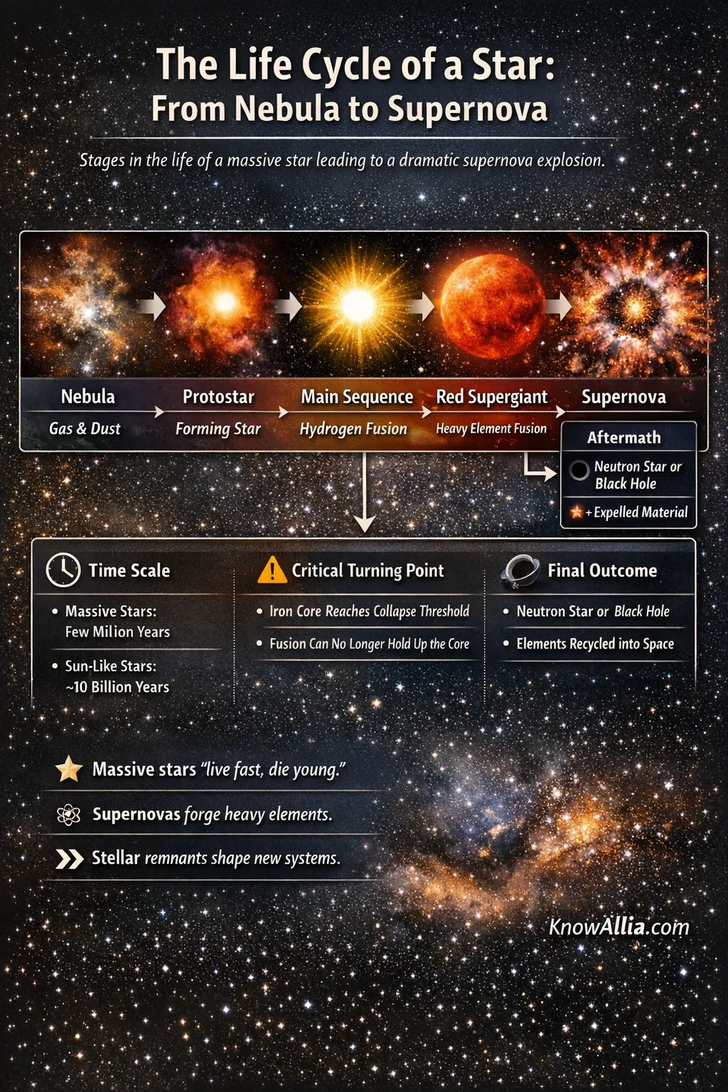 A star's life cycle begins with a glowing nebula and ends with a supernova explosion.