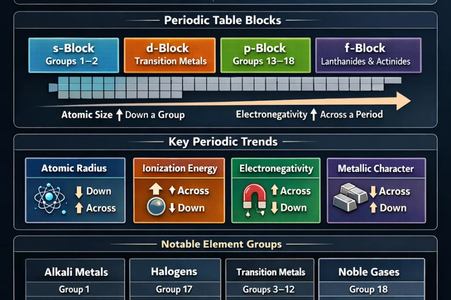 The periodic table of elements with colored groups and a close-up of colorful element spheres.