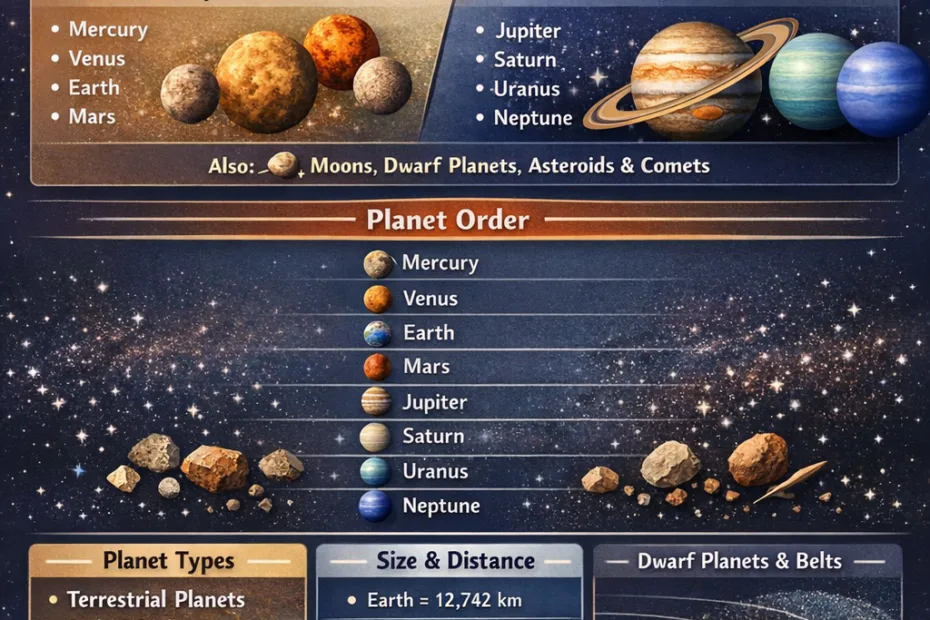 The solar system explained with images of planets arranged in order, including planets and moons.