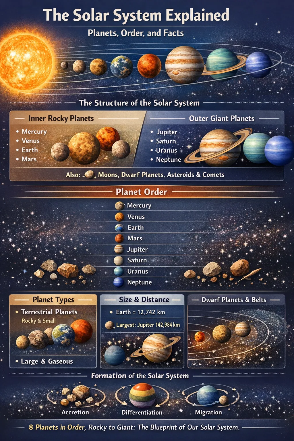 The solar system explained with images of planets arranged in order, including planets and moons.