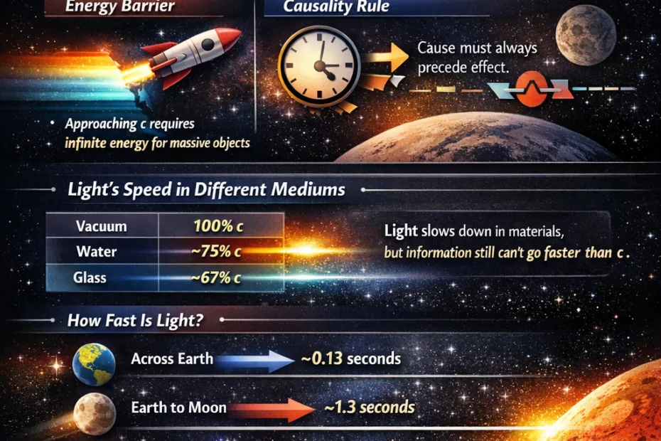 A visual explaining the speed of light with diagrams of planets and colorful light beams in space.