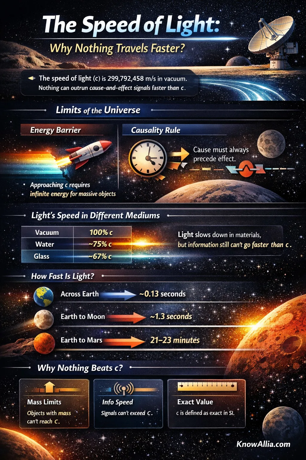 A visual explaining the speed of light with diagrams of planets and colorful light beams in space.