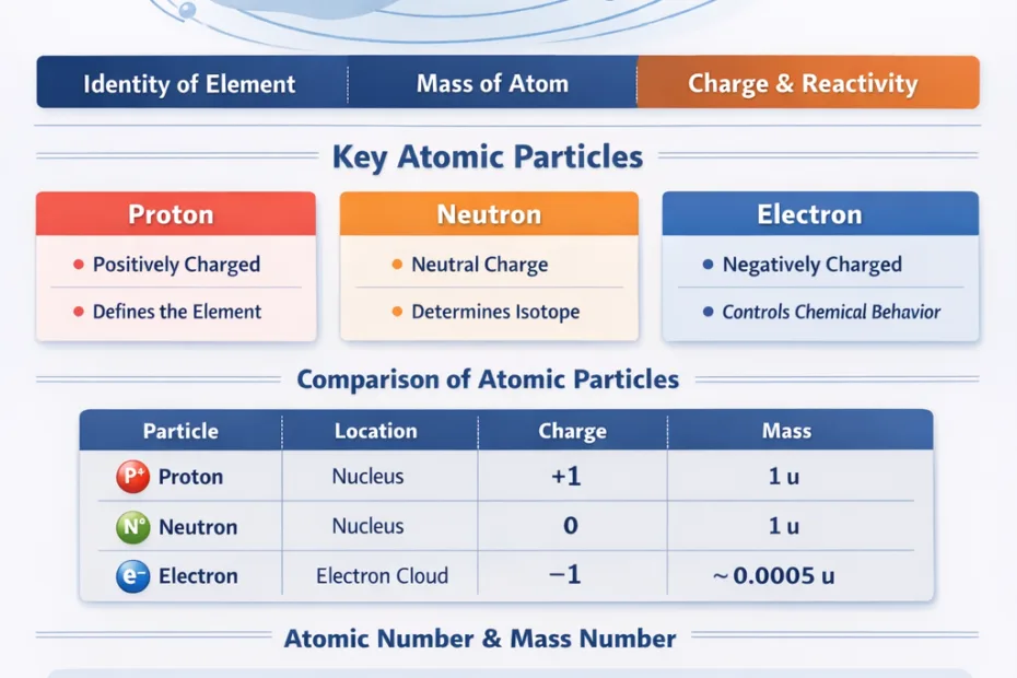 A diagram showing the structure of an atom with protons, neutrons, and electrons labeled.