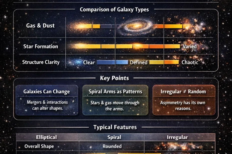 Messier galaxy images show elliptical, spiral, and irregular types in this infographic.