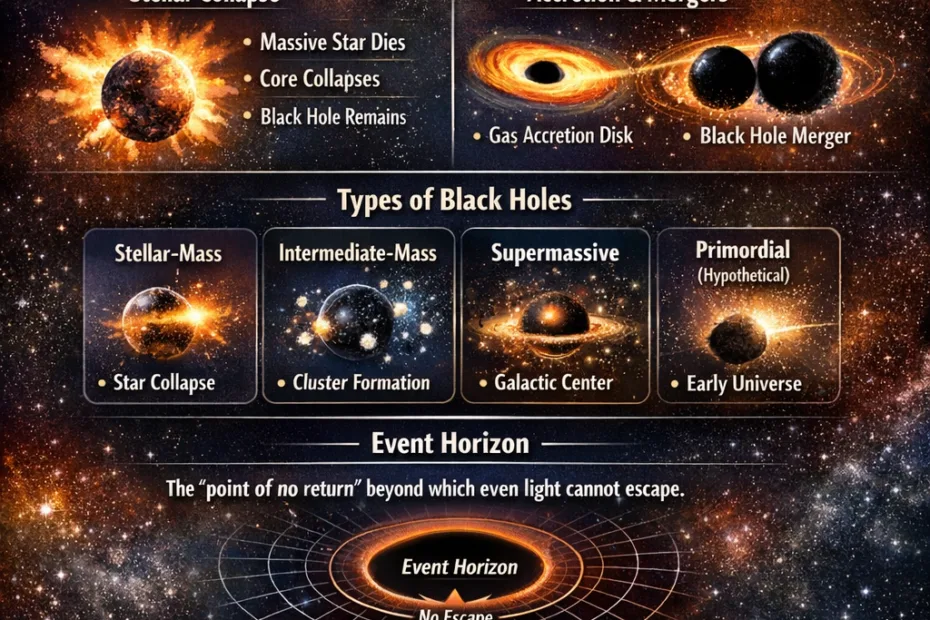 An infographic showing the formation process of a black hole with a star collapsing into a dark central point.