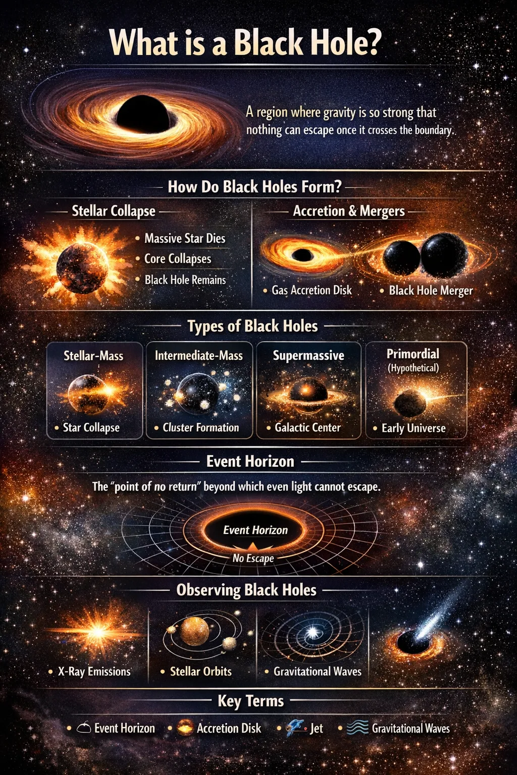An infographic showing the formation process of a black hole with a star collapsing into a dark central point.