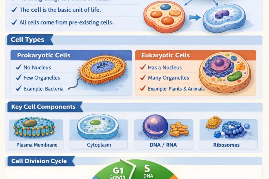 A diagram showing a cell with labeled parts like the nucleus, mitochondria, and cell membrane.