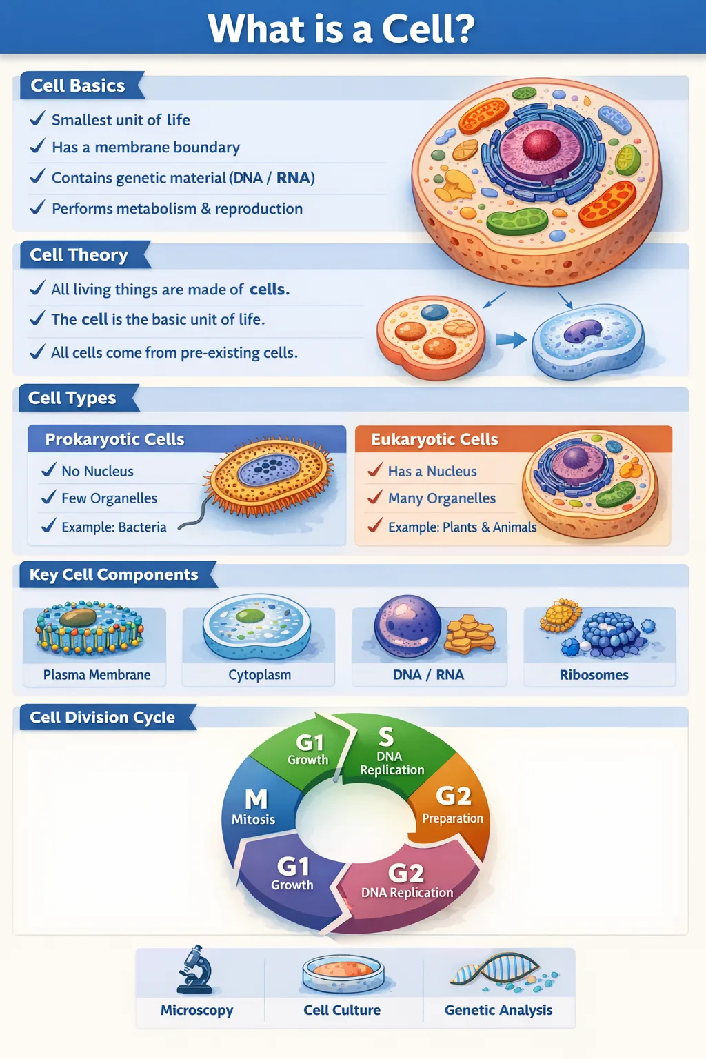 A diagram showing a cell with labeled parts like the nucleus, mitochondria, and cell membrane.