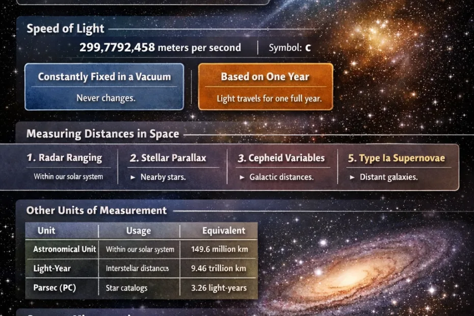 A colorful infographic shows the vast distance of a light-year with stars and galaxy images to explain 'what i…