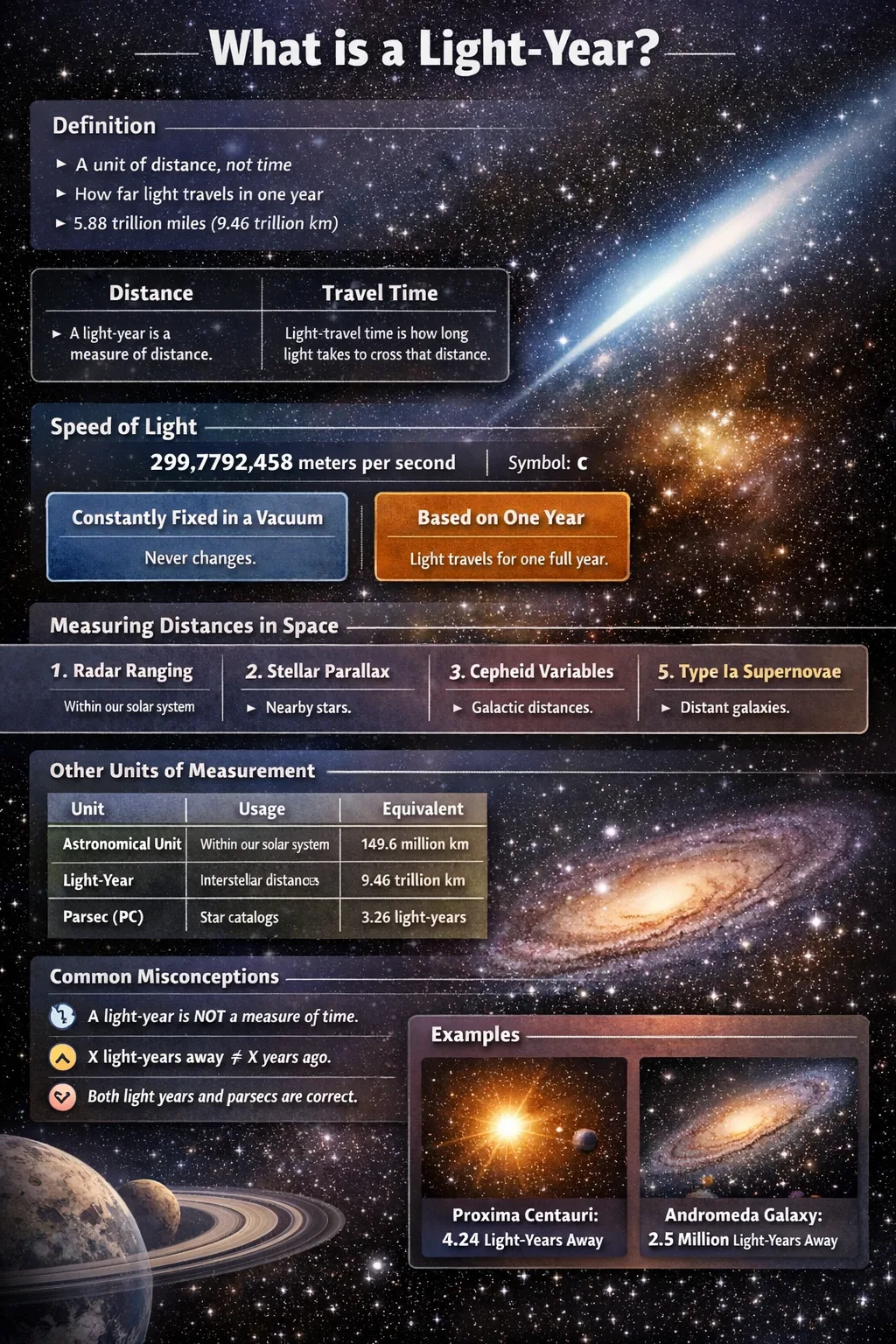 A colorful infographic shows the vast distance of a light-year with stars and galaxy images to explain 'what i…