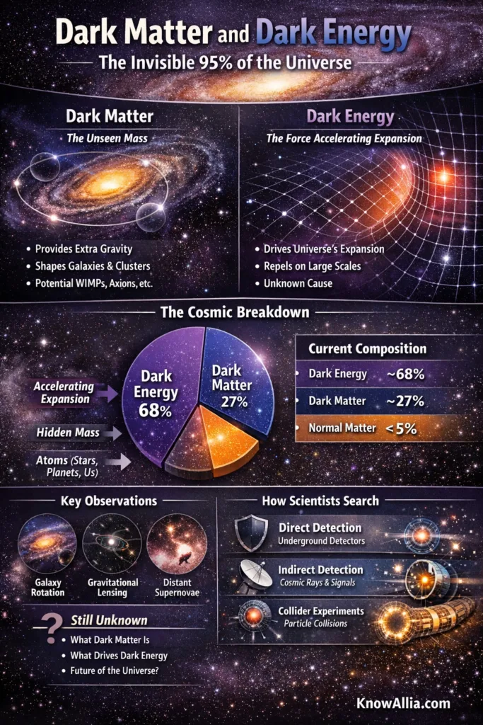 A pie chart shows dark matter at 27% and dark energy at 68% of the universe in an infographic about dark matte…
