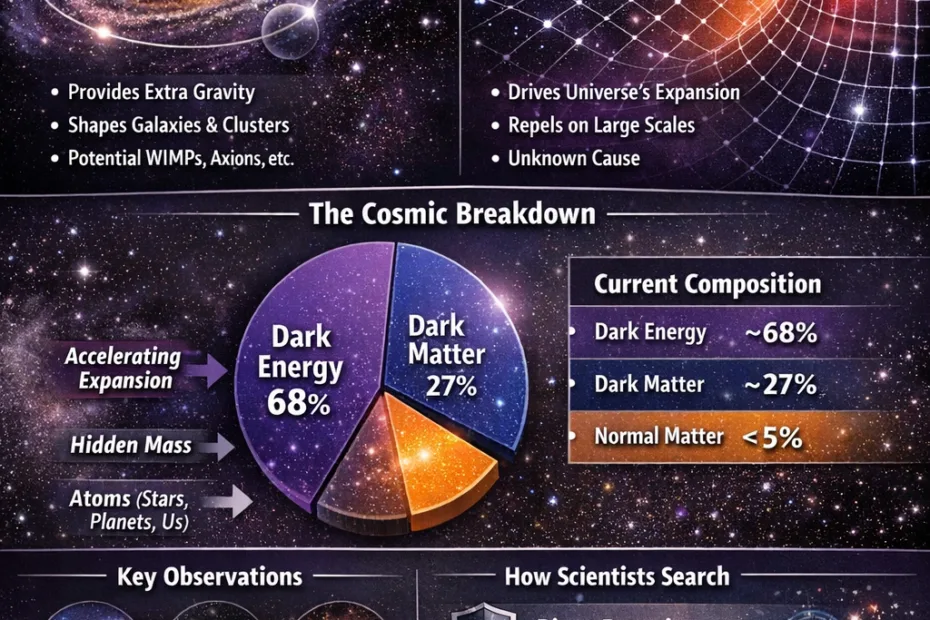 A pie chart shows dark matter at 27% and dark energy at 68% of the universe in an infographic about dark matte…