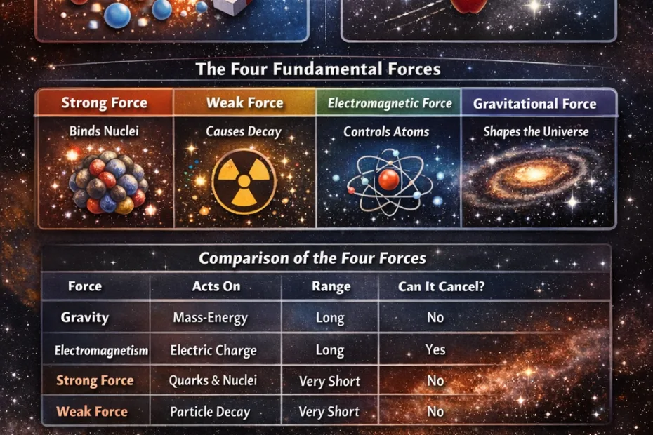 A diagram comparing electromagnetism and gravity, showing a magnetic field and planet with gravity pull.