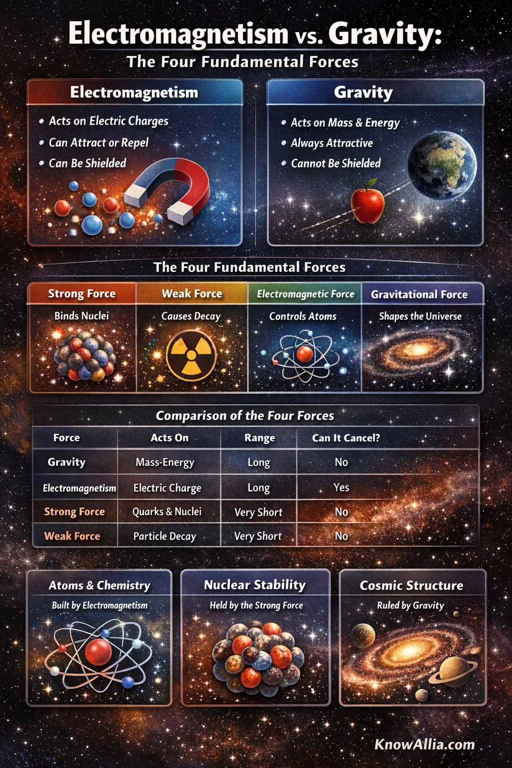 A diagram comparing electromagnetism and gravity, showing a magnetic field and planet with gravity pull.