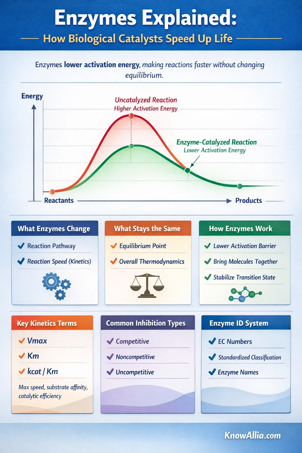 Enzymes and temperature graph with a blue test tube, illustrating how biological catalysts speed up reactions.