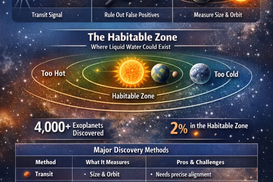 A diagram shows a planet in the habitable zone orbiting a star with Earth-like planets nearby.