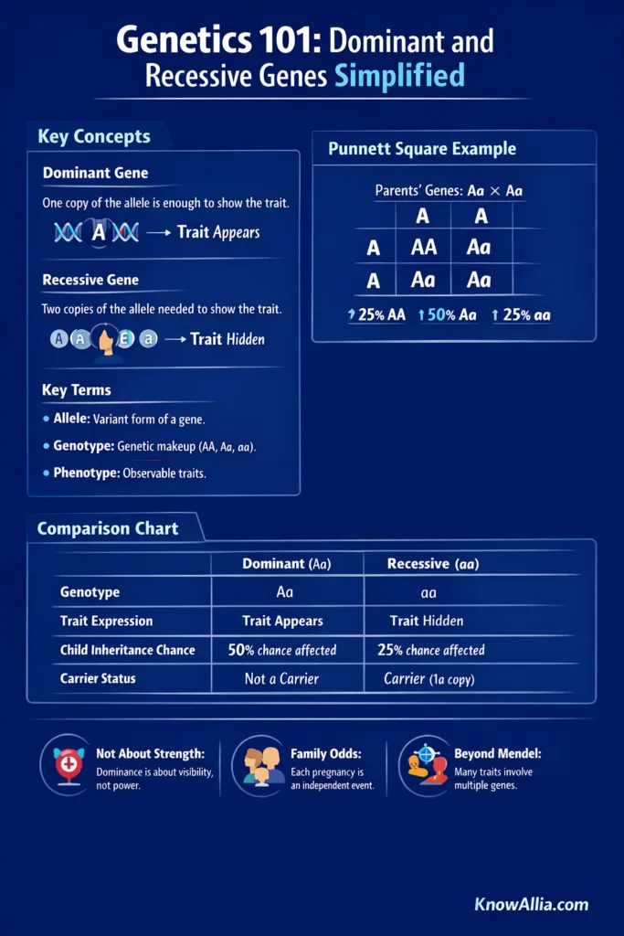 Genetics 101 infographic shows a colorful chart comparing dominant and recessive genes with letter representat…
