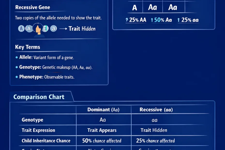 Genetics 101 infographic shows a colorful chart comparing dominant and recessive genes with letter representat…