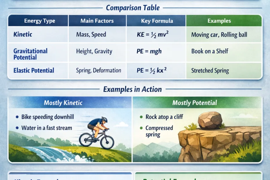 The infographic shows a cyclist and a falling apple to illustrate kinetic and potential energy differences.