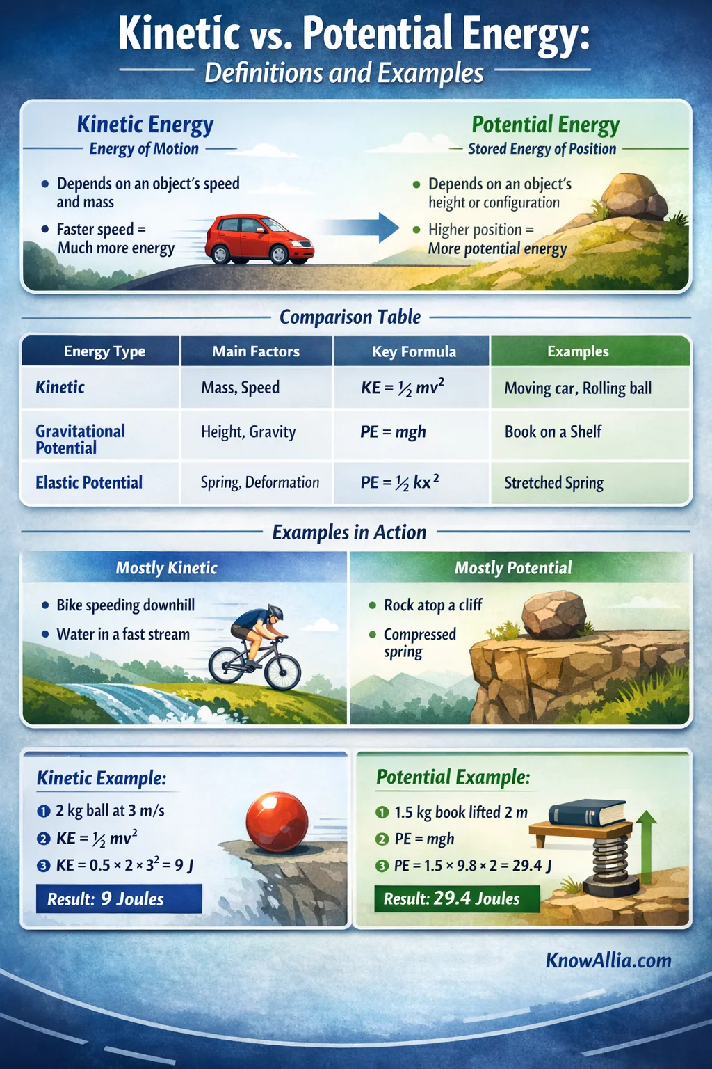 The infographic shows a cyclist and a falling apple to illustrate kinetic and potential energy differences.