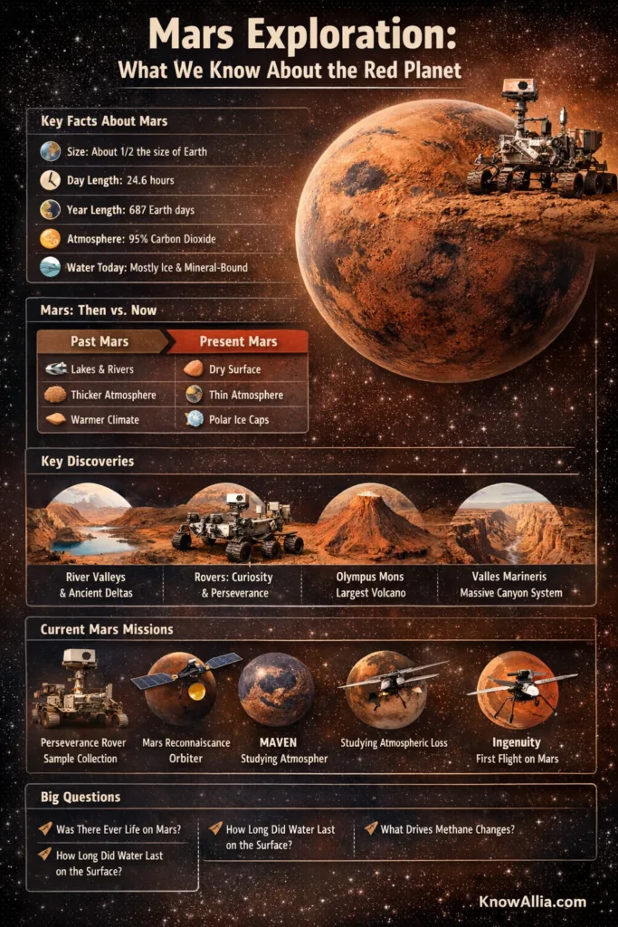 Mars exploration and discoveries infographic showing a red planet with various rovers and images of its surface.