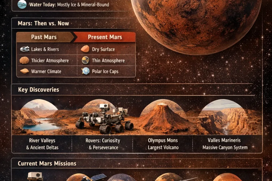 Mars exploration and discoveries infographic showing a red planet with various rovers and images of its surface.