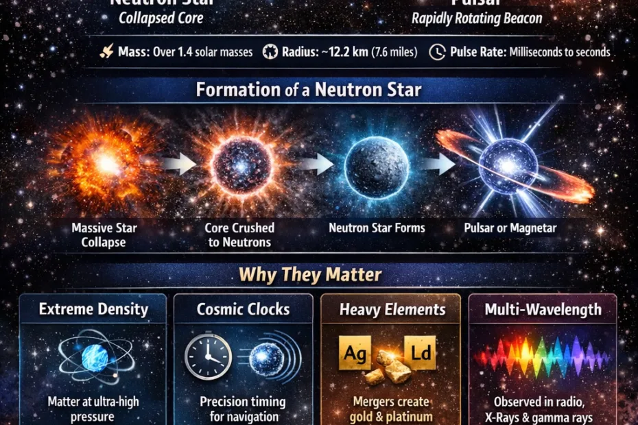 A diagram showing a neutron star emitting beams of radiation, illustrating pulsars' rotating magnetic fields in the universe.