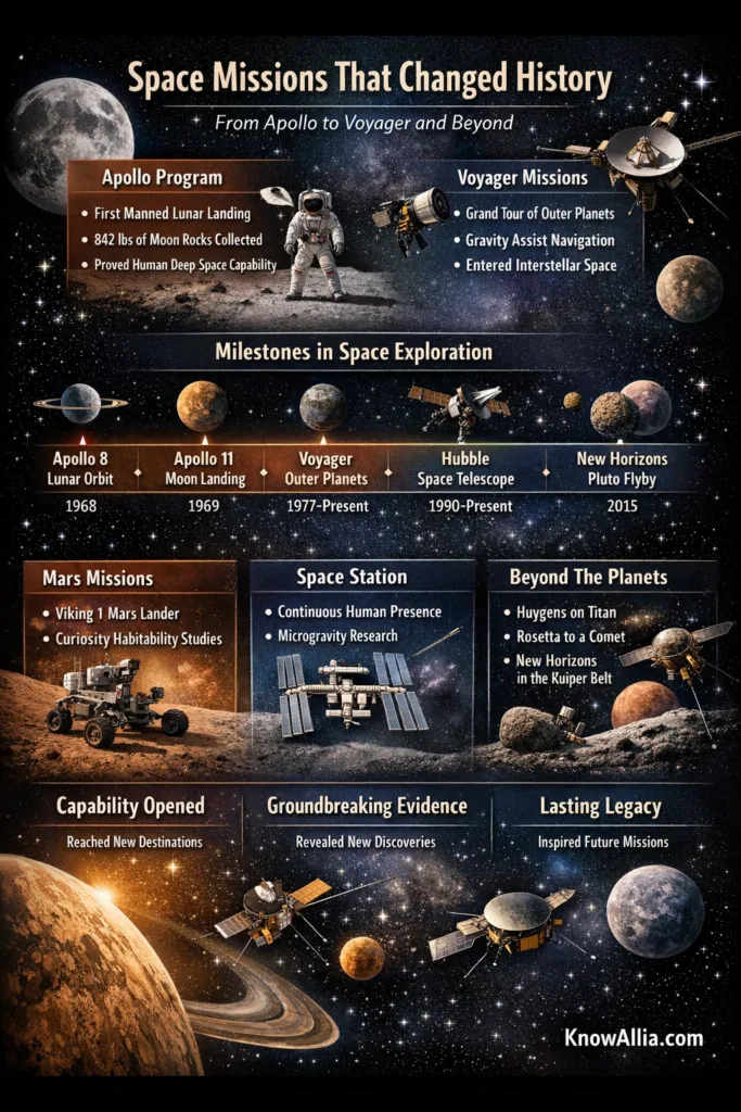 A timeline of space missions that changed history, featuring a rocket launching into space and a distant planet in the background.