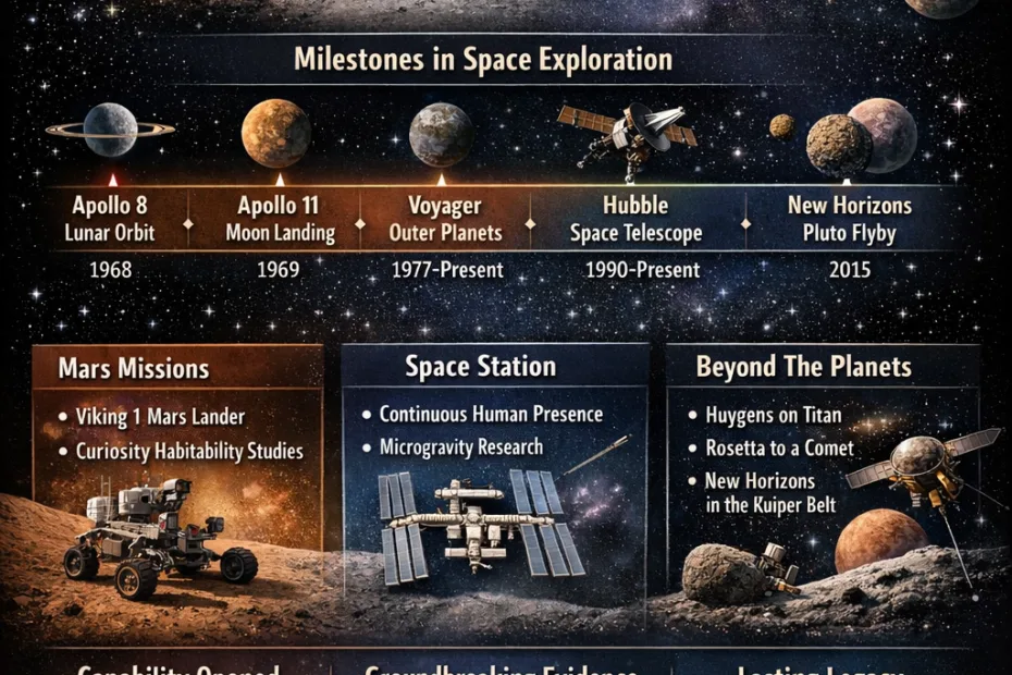 A timeline of space missions that changed history, featuring a rocket launching into space and a distant planet in the background.