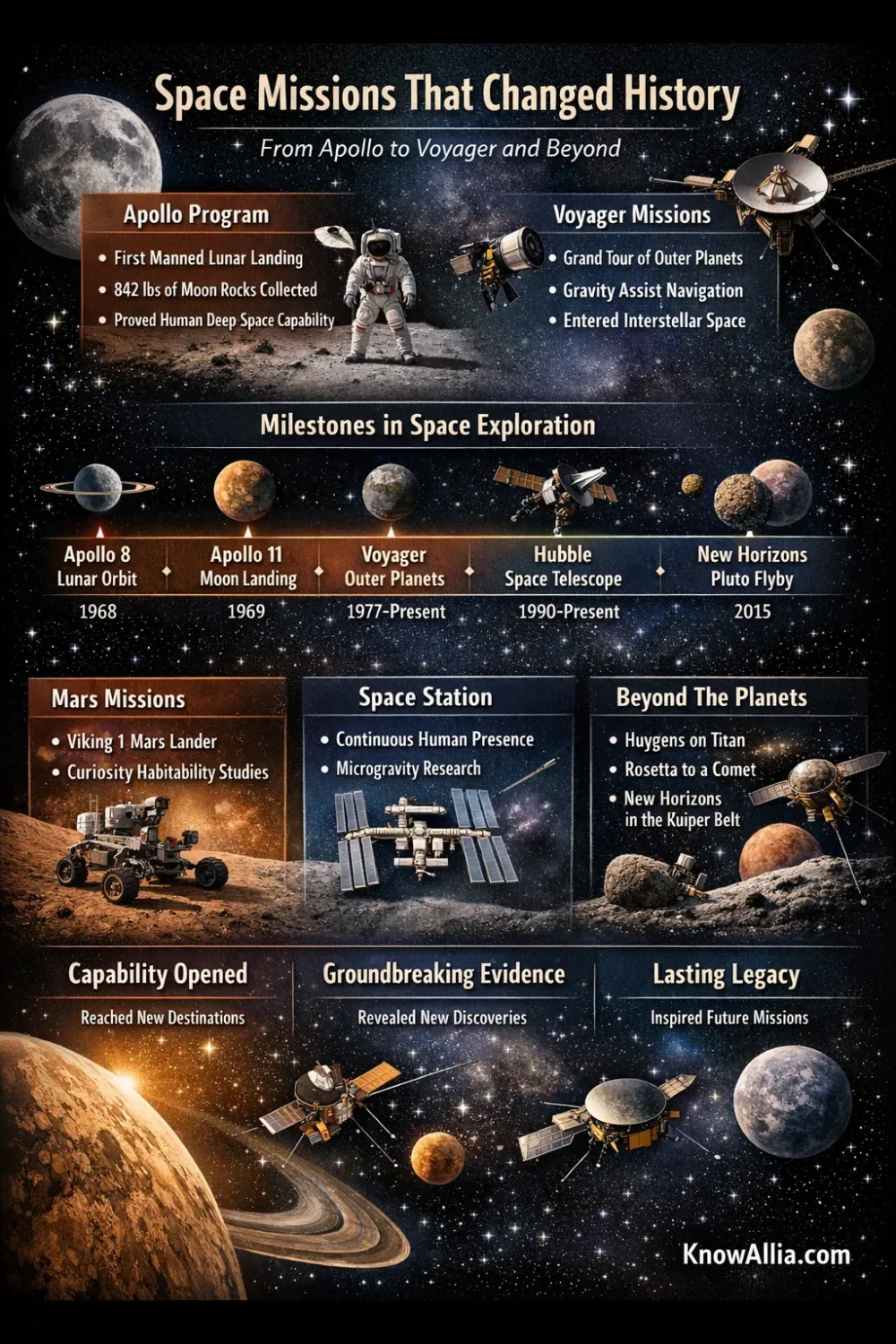 A timeline of space missions that changed history, featuring a rocket launching into space and a distant planet in the background.
