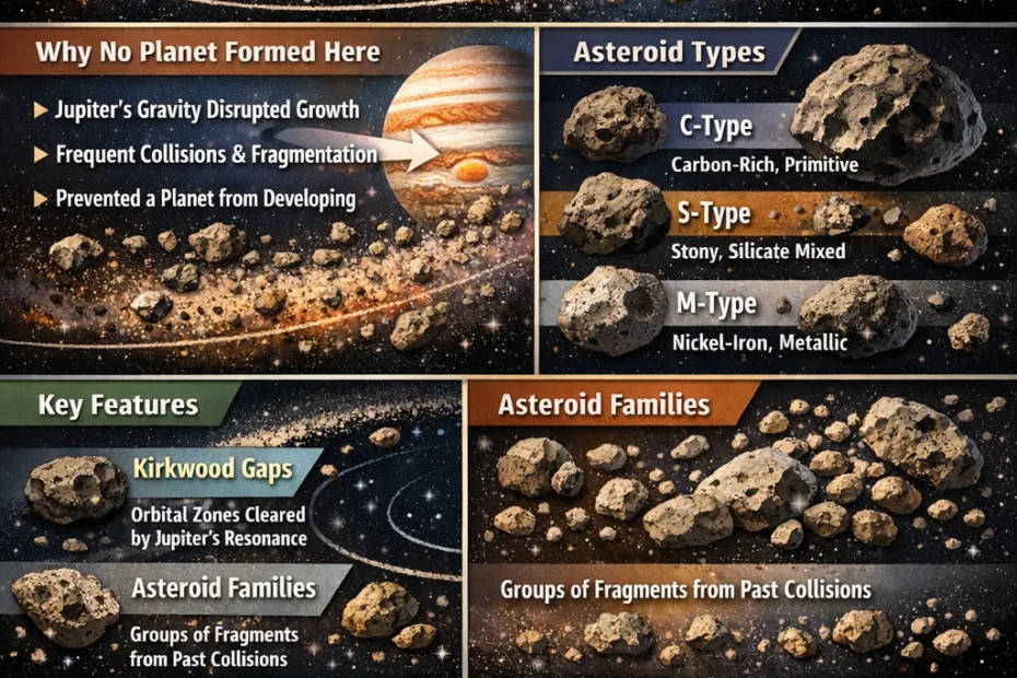 A detailed infographic about the asteroid belt with images of planets and asteroids illustrating its location and composition.