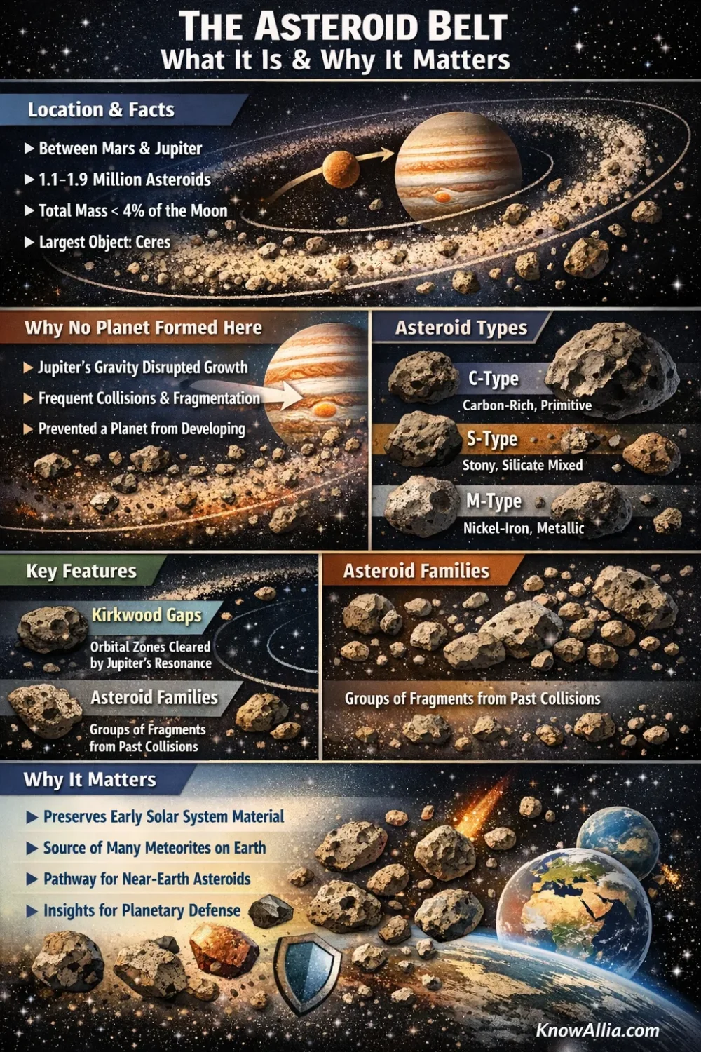 A detailed infographic about the asteroid belt with images of planets and asteroids illustrating its location and composition.